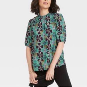 Knox Rose Green Teal Purple Poppy Floral Blouse Short Sleeves Smocked Neck M